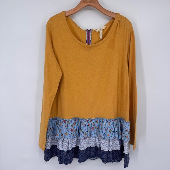 Matilda Jane Mustard Long Sleeve Top boho Floral Ruffled Hem Womens size large - Picture 6 of 13